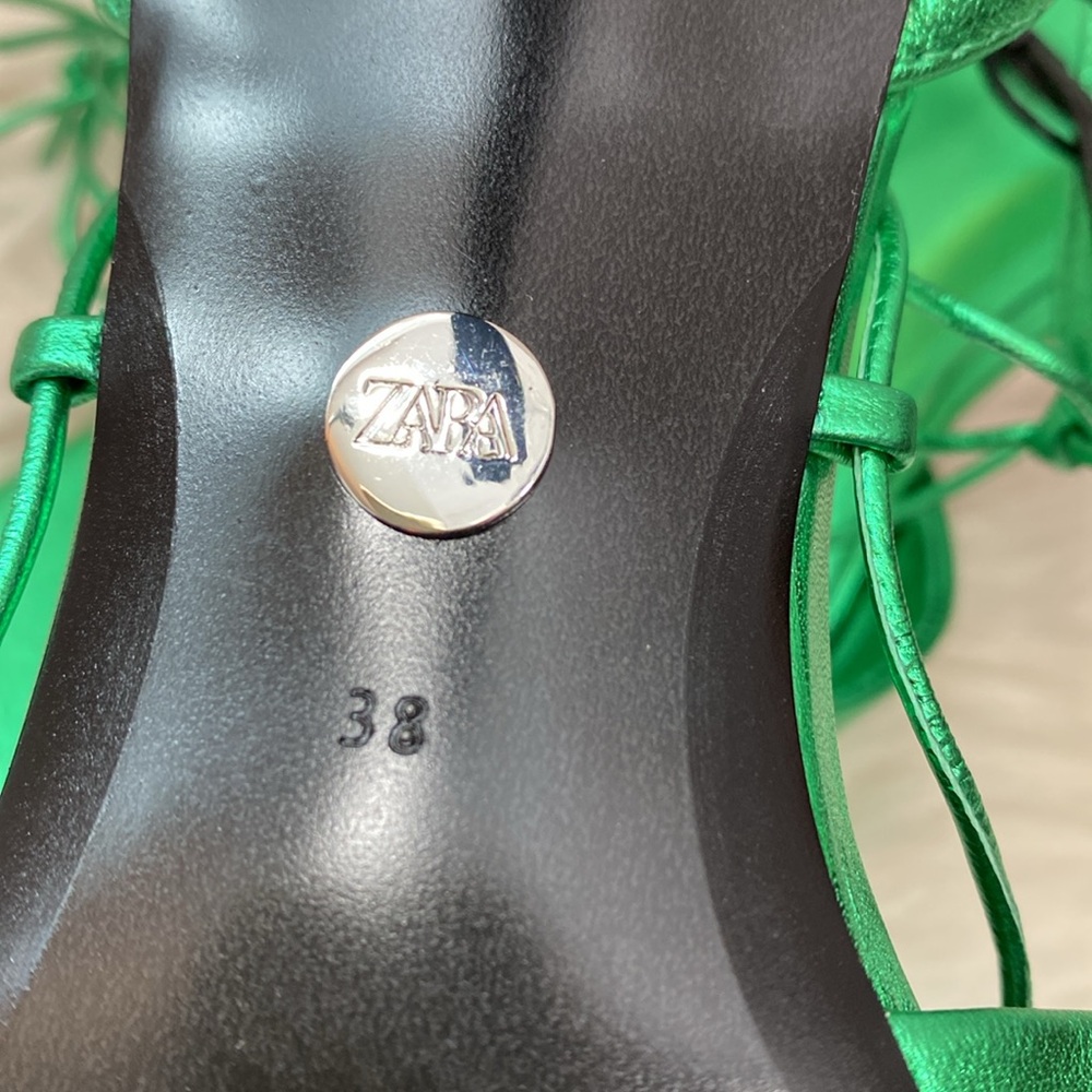 NWOT Zara Metallic Green Lace-up Leather Sandals, Size 7.5 - Picture 14 of 17